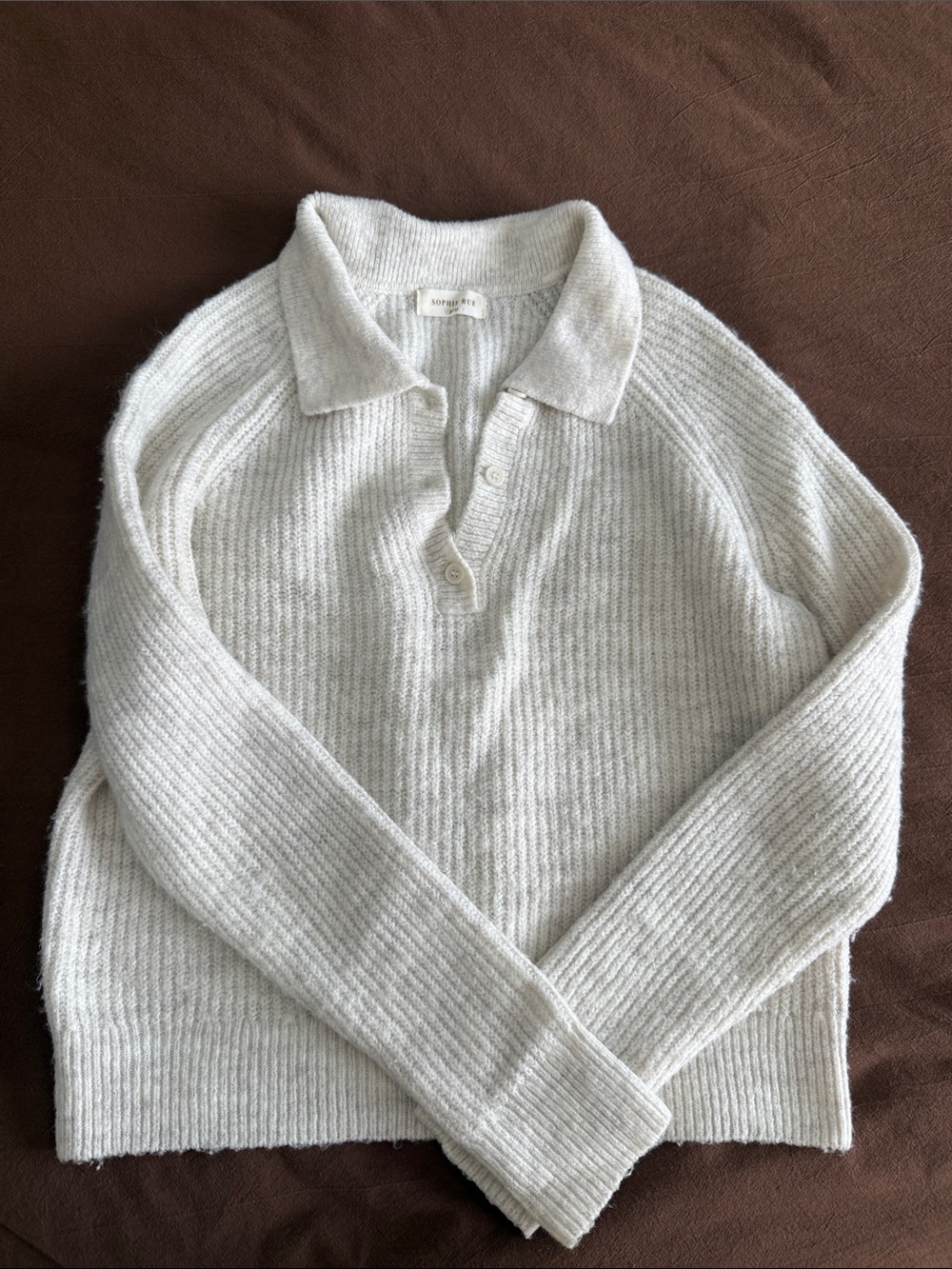 Sophie Rue Light Gray Ribbed Polo-Neck Sweater